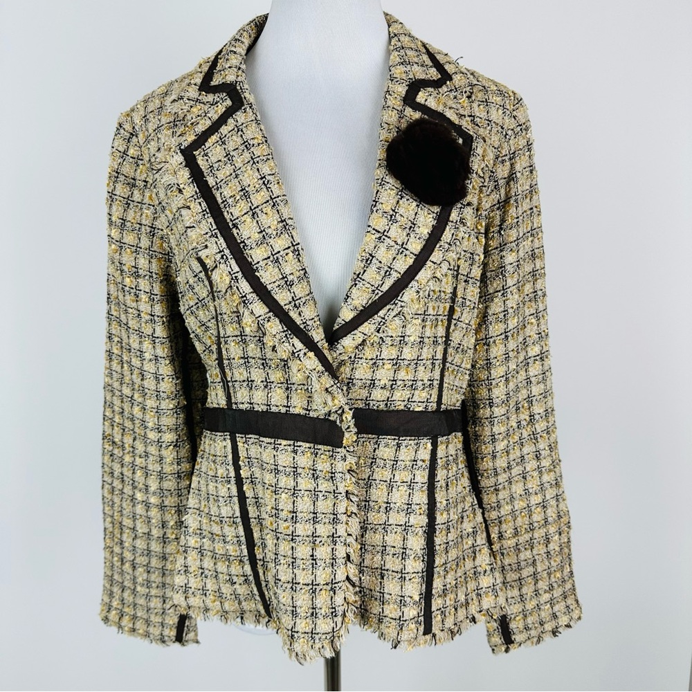 Y2K Vintage Tweed Fringe Ribbon Detail Blazer Size 14 in Yellow and Brown